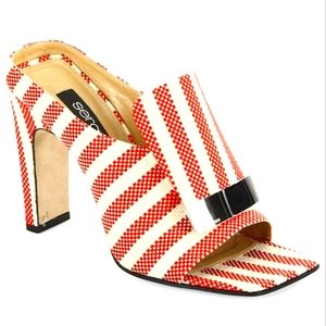 SERGIO ROSSI Red- Ivory Printed Canvas Leather Trim Block Heels Slides